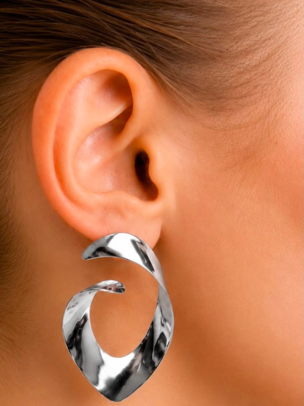 Silver Tone Abstract Spiral Statement Earrings Large Hoop Modern Chunky Gifts